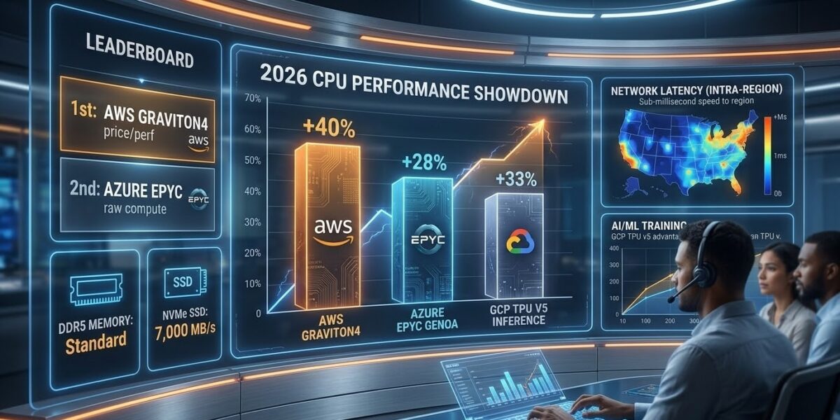 A side-by-side comparison chart showing CPU and networking performance for AWS, Azure, and Google Cloud in 2026.