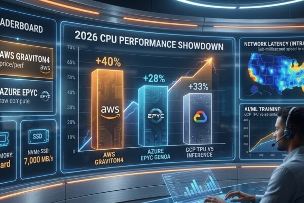 A side-by-side comparison chart showing CPU and networking performance for AWS, Azure, and Google Cloud in 2026.