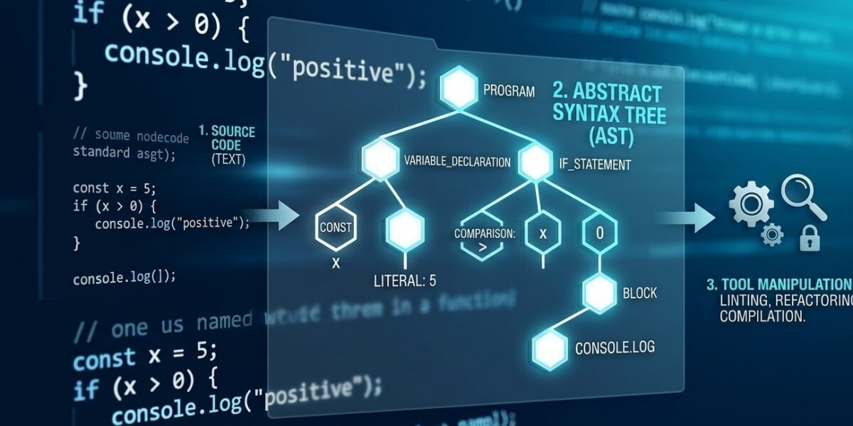 A dynamic infographic for a developer's guide to AST, showing source code (left) transforming into a structured Abstract Syntax Tree (AST) (center) to power tools like ESLint and Babel (right)