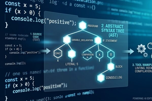 A dynamic infographic for a developer's guide to AST, showing source code (left) transforming into a structured Abstract Syntax Tree (AST) (center) to power tools like ESLint and Babel (right)