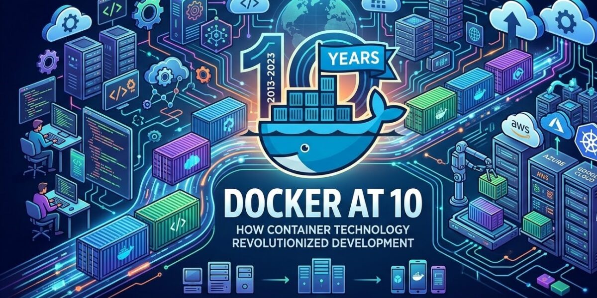 A conceptual infographic showing the 10-year evolution of Docker container technology, comparing virtual machines to containers with cloud icons for AWS, Azure, and Google Cloud.