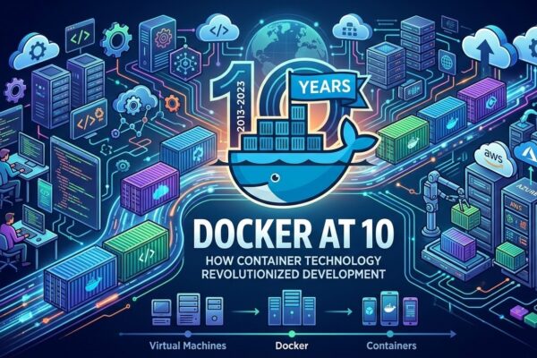 A conceptual infographic showing the 10-year evolution of Docker container technology, comparing virtual machines to containers with cloud icons for AWS, Azure, and Google Cloud.