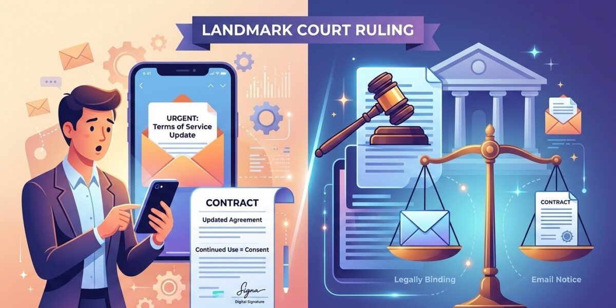 A digital illustration depicting a person looking at an email on their phone titled "TOS Update," connected by a line to a legal gavel and scales of justice, representing the US court ruling on email Terms of Service updates.