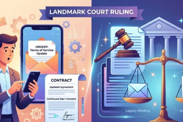 A digital illustration depicting a person looking at an email on their phone titled "TOS Update," connected by a line to a legal gavel and scales of justice, representing the US court ruling on email Terms of Service updates.