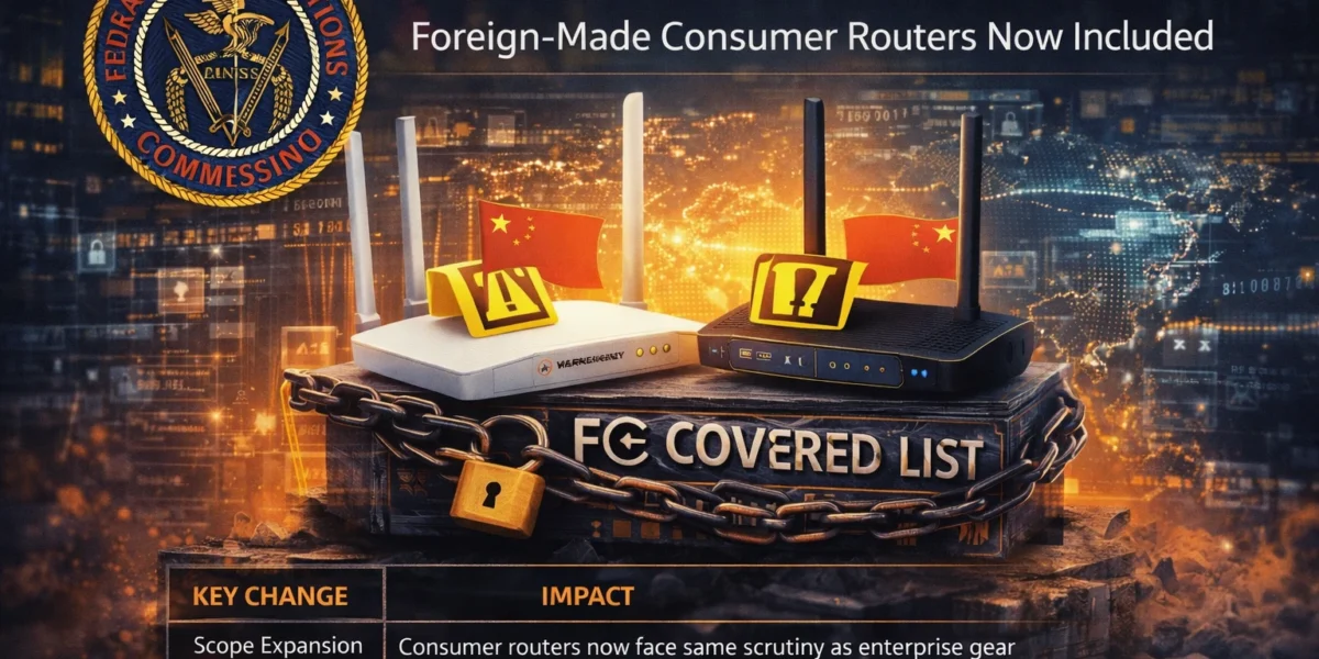 Illustration of FCC regulating consumer routers with security locks and flagged foreign devices symbolizing cybersecurity concerns.