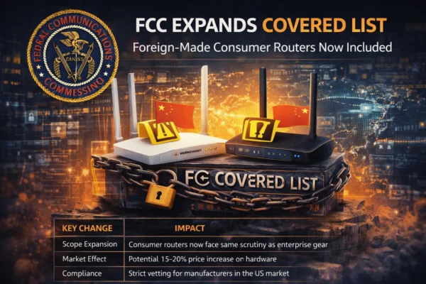 Illustration of FCC regulating consumer routers with security locks and flagged foreign devices symbolizing cybersecurity concerns.