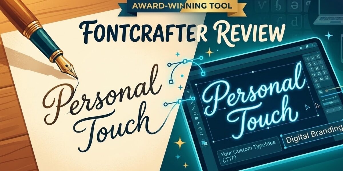 A split-screen digital illustration showing a fountain pen writing "Personal Touch" on physical paper on the left, transitioning into a digital tablet on the right where the same handwriting is being edited as a vector font with glowing blue nodes and digital branding interface.
