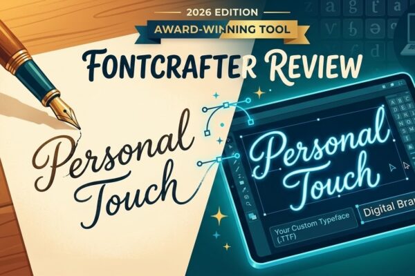 A split-screen digital illustration showing a fountain pen writing "Personal Touch" on physical paper on the left, transitioning into a digital tablet on the right where the same handwriting is being edited as a vector font with glowing blue nodes and digital branding interface.
