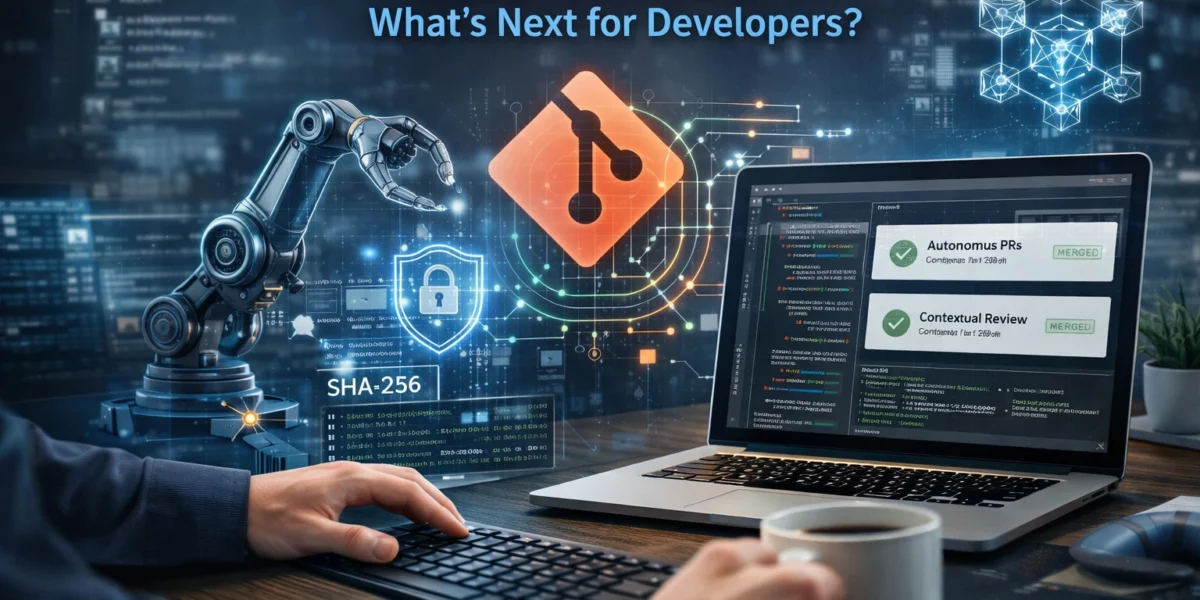 Futuristic developer workspace showing AI-powered version control with Git, autonomous code commits, and enhanced security.