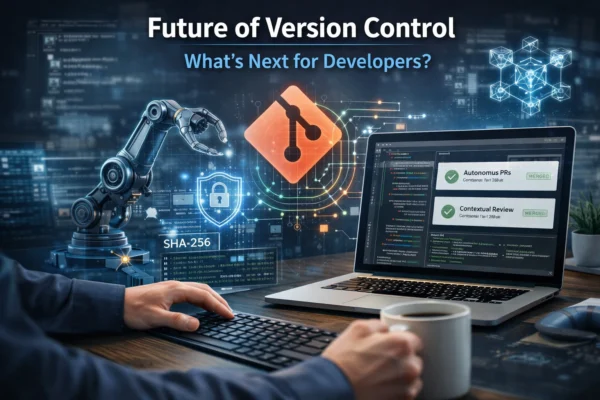 Futuristic developer workspace showing AI-powered version control with Git, autonomous code commits, and enhanced security.