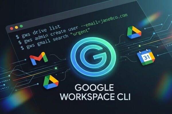 A professional graphic showing a terminal window with 'gws' commands surrounded by Google Drive, Gmail, and Calendar icons on a dark tech background.
