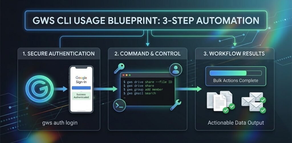 An infographic illustrating the 3-step workflow for the Google Workspace CLI: secure authentication, command execution in a terminal, and data output.