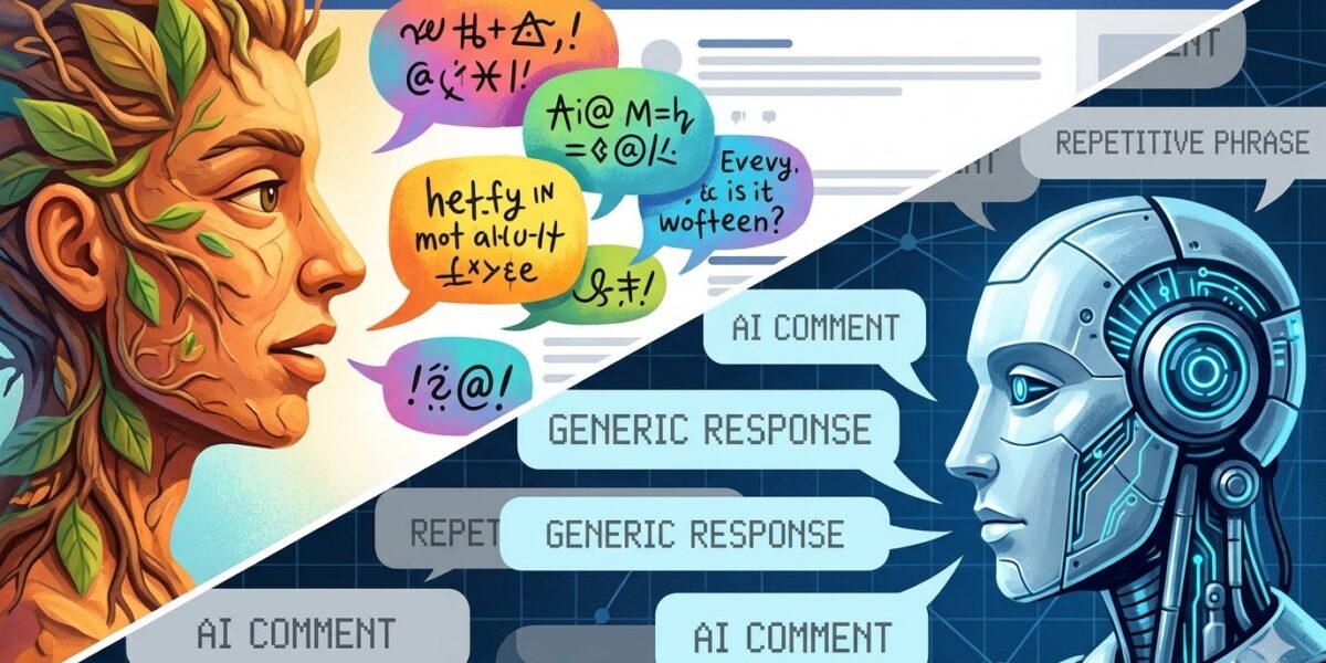 A conceptual digital illustration showing a human face speaking varied, colorful speech bubbles being drowned out by a robot's identical, pixelated 'GENERIC RESPONSE' bubbles, set in a blue digital forum environment.