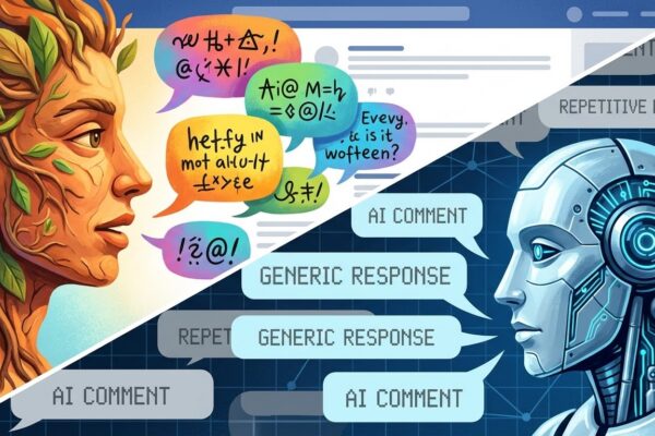 A conceptual digital illustration showing a human face speaking varied, colorful speech bubbles being drowned out by a robot's identical, pixelated 'GENERIC RESPONSE' bubbles, set in a blue digital forum environment.