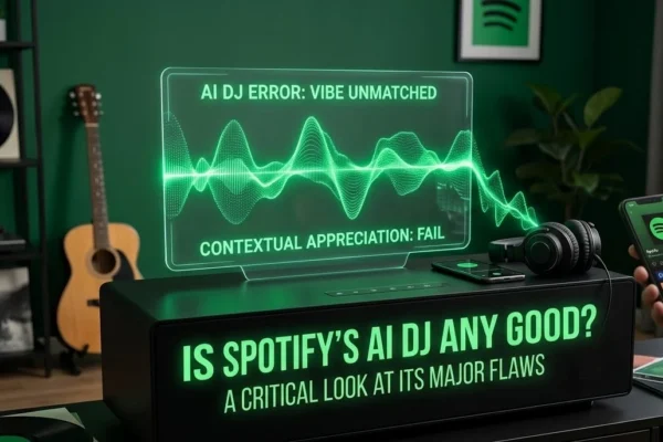 A high-quality photo in Spotify green and black, showing a sleek black sound system with green glowing text asking "Is Spotify’s AI DJ Any Good?", paired with a futuristic waveform display and a smartphone showing the app interface.