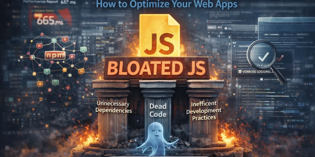 Three symbolic pillars representing JavaScript bloat issues with visual elements of heavy code, dependencies, and performance impact.