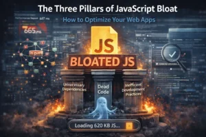 Three symbolic pillars representing JavaScript bloat issues with visual elements of heavy code, dependencies, and performance impact.