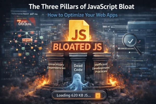 Three symbolic pillars representing JavaScript bloat issues with visual elements of heavy code, dependencies, and performance impact.