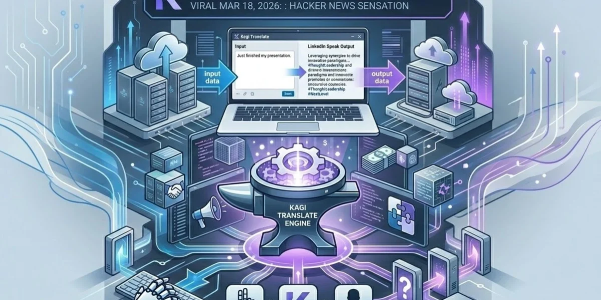 A futuristic illustration showing a laptop with Kagi Translate interface, text flows for 'Input Data' (simple English) and 'Output Data' (LinkedIn corporate jargon with emojis), and text: "Kagi Translate Adds 'LinkedIn Speak': Satire or Essential Pro Tool?"