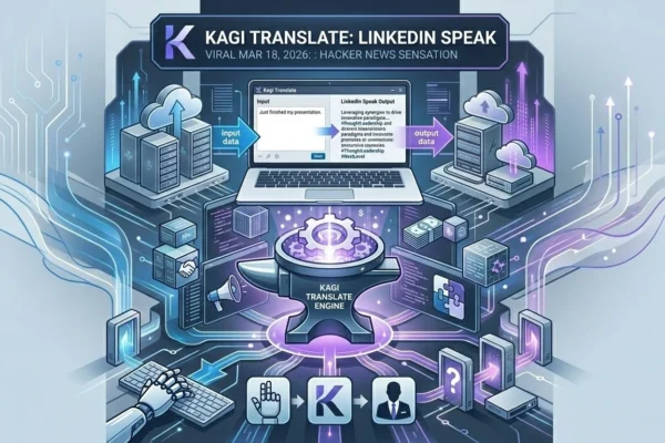A futuristic illustration showing a laptop with Kagi Translate interface, text flows for 'Input Data' (simple English) and 'Output Data' (LinkedIn corporate jargon with emojis), and text: "Kagi Translate Adds 'LinkedIn Speak': Satire or Essential Pro Tool?"