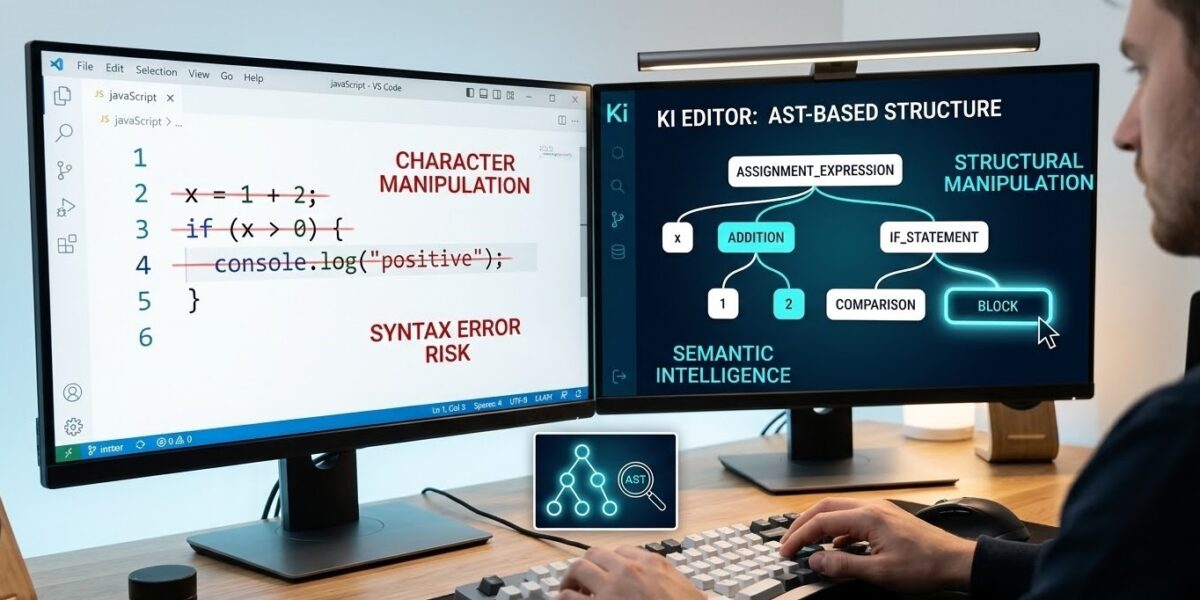 A dual-monitor setup contrasting traditional text-based code editing (left) with Ki Editor’s Abstract Syntax Tree (AST) structural manipulation (right).