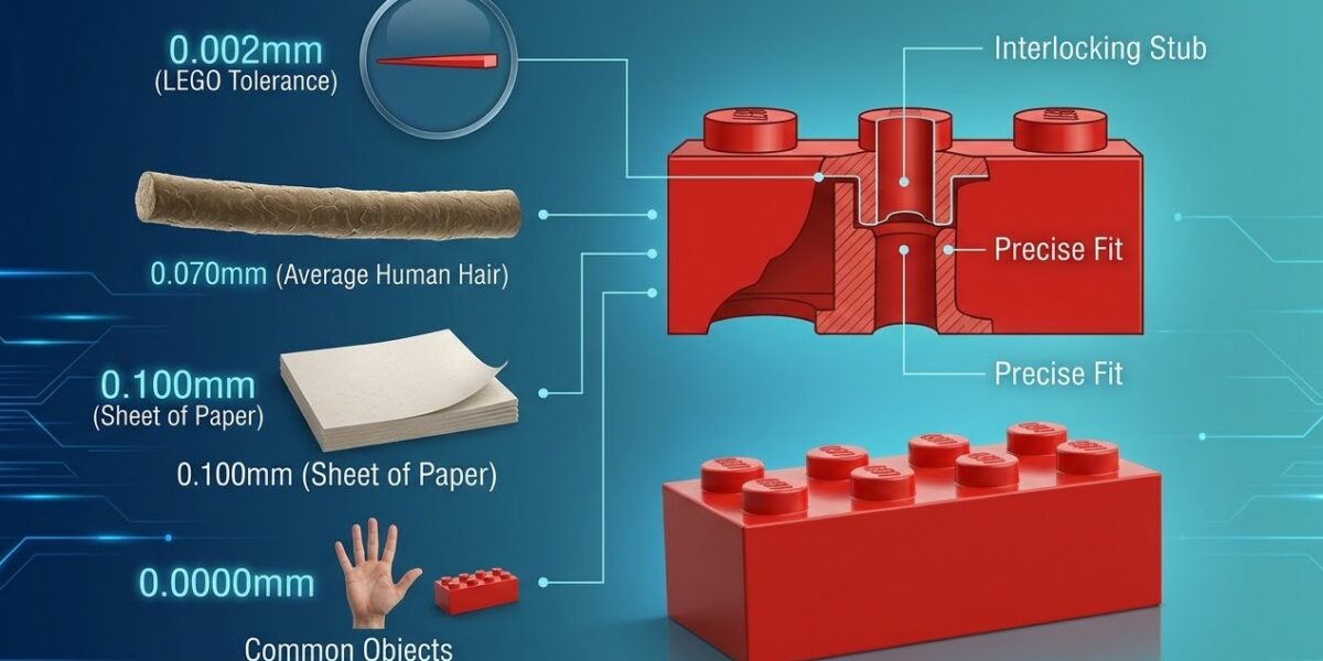 An infographic comparing Lego's 0.002mm manufacturing tolerance to the thickness of a human hair (0.070mm) and a sheet of paper (0.100mm).