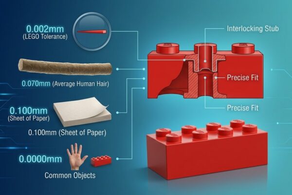 An infographic comparing Lego's 0.002mm manufacturing tolerance to the thickness of a human hair (0.070mm) and a sheet of paper (0.100mm).