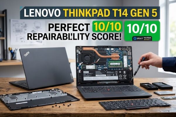 A technician working on a partially disassembled Lenovo ThinkPad T14 Gen 5 laptop, highlighting its modular internal components and the 10/10 iFixit repairability rating.