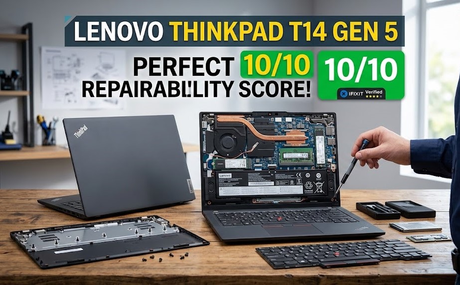 A technician working on a partially disassembled Lenovo ThinkPad T14 Gen 5 laptop, highlighting its modular internal components and the 10/10 iFixit repairability rating.