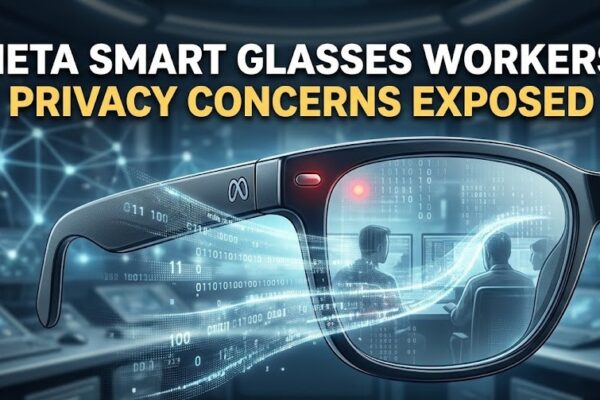A futuristic illustration showing a glowing digital data stream of recorded moments emerging from the right lens of a pair of Meta smart glasses, with bold text overlay reading 'Meta Smart Glasses Workers: Privacy Concerns Exposed', visually representing human surveillance and data security risks.