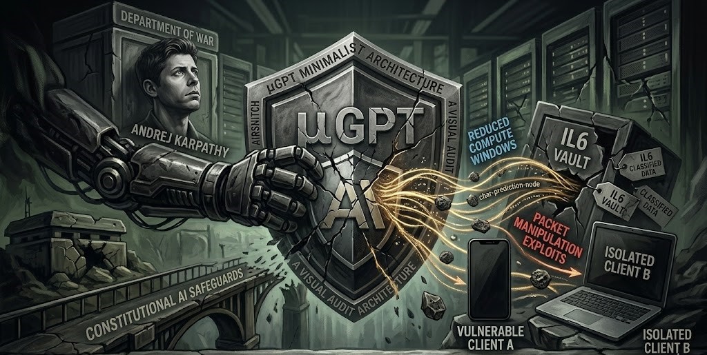 A dark-themed technical infographic titled 'THE µGPT EXPLOIT: AN INFOGRAPHIC' showing the internal mechanics of Andrej Karpathy's 243-line model.