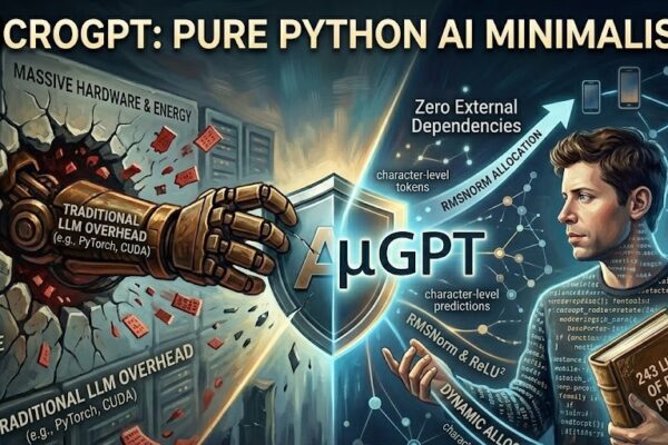 A technical infographic infographic titled 'MICROGPT: PURE PYTHON AI MINIMALISM' contrasting traditional AI complexity with MicroGPT.