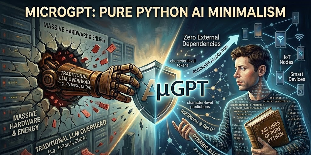 A technical infographic infographic titled 'MICROGPT: PURE PYTHON AI MINIMALISM' contrasting traditional AI complexity with MicroGPT.