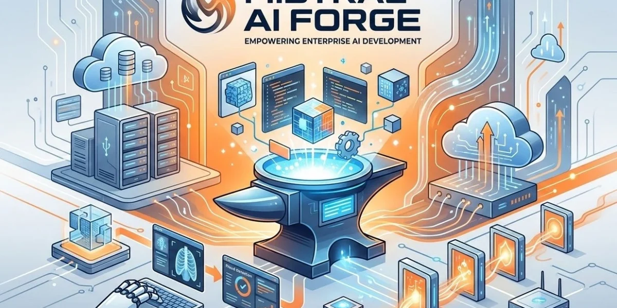 A futuristic illustration showing the Mistral AI Forge platform for building custom enterprise AI models.