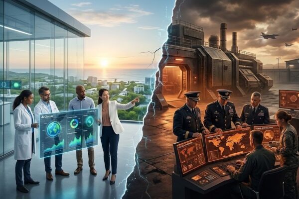 A split photographic image illustrating the AI industry divide: researchers in a peaceful, ethical AI lab (left) contrast with military officers and defense contractors in a darker, industrial control center using OpenAI (right).