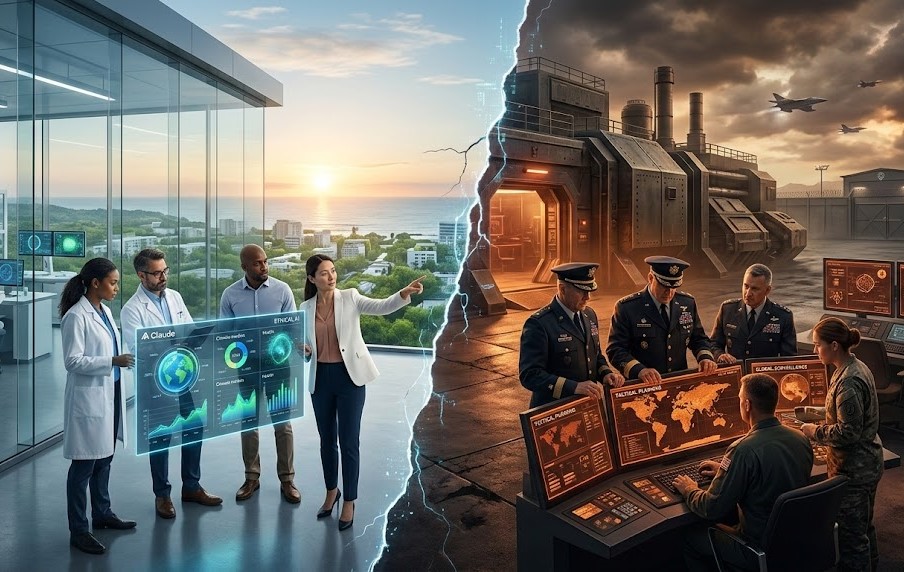 A split photographic image illustrating the AI industry divide: researchers in a peaceful, ethical AI lab (left) contrast with military officers and defense contractors in a darker, industrial control center using OpenAI (right).