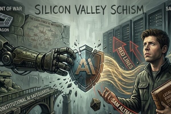 A dramatic, illustrated infographic titled 'Silicon Valley Schism' showing a physical conflict over AI technology.