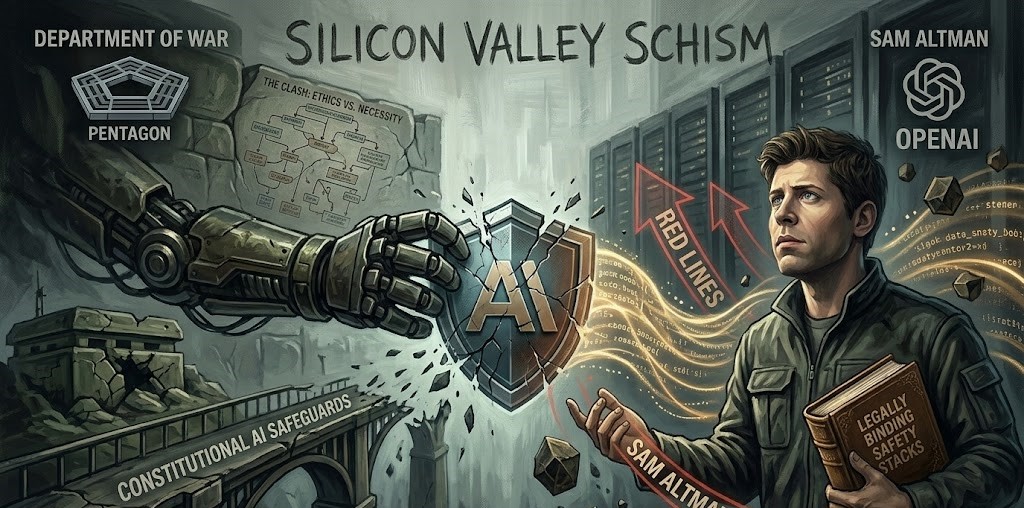 A dramatic, illustrated infographic titled 'Silicon Valley Schism' showing a physical conflict over AI technology.
