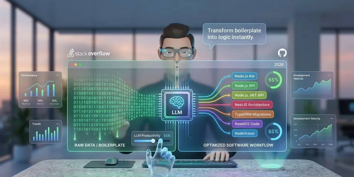 A digital dashboard showing an LLM processor transforming raw boilerplate code into optimized modules like Node.js APIs and NestJS architecture, with a 55% productivity gain metric.