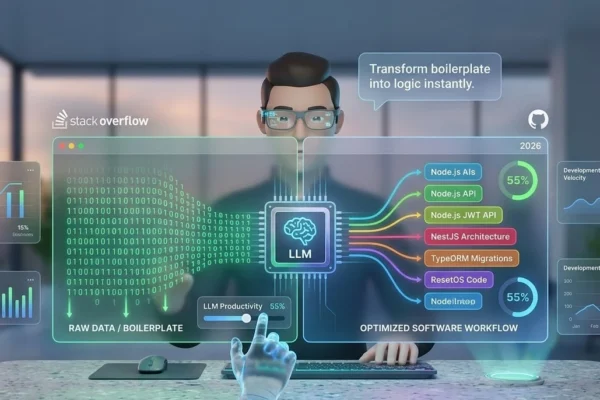 A digital dashboard showing an LLM processor transforming raw boilerplate code into optimized modules like Node.js APIs and NestJS architecture, with a 55% productivity gain metric.