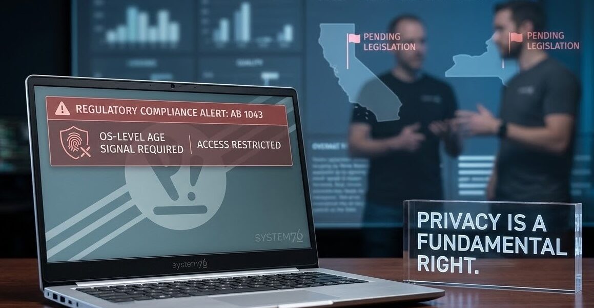 A System76 laptop showing an AB 1043 compliance alert next to a sign that reads "Privacy is a Fundamental Right."