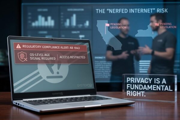 A System76 laptop showing an AB 1043 compliance alert next to a sign that reads "Privacy is a Fundamental Right."