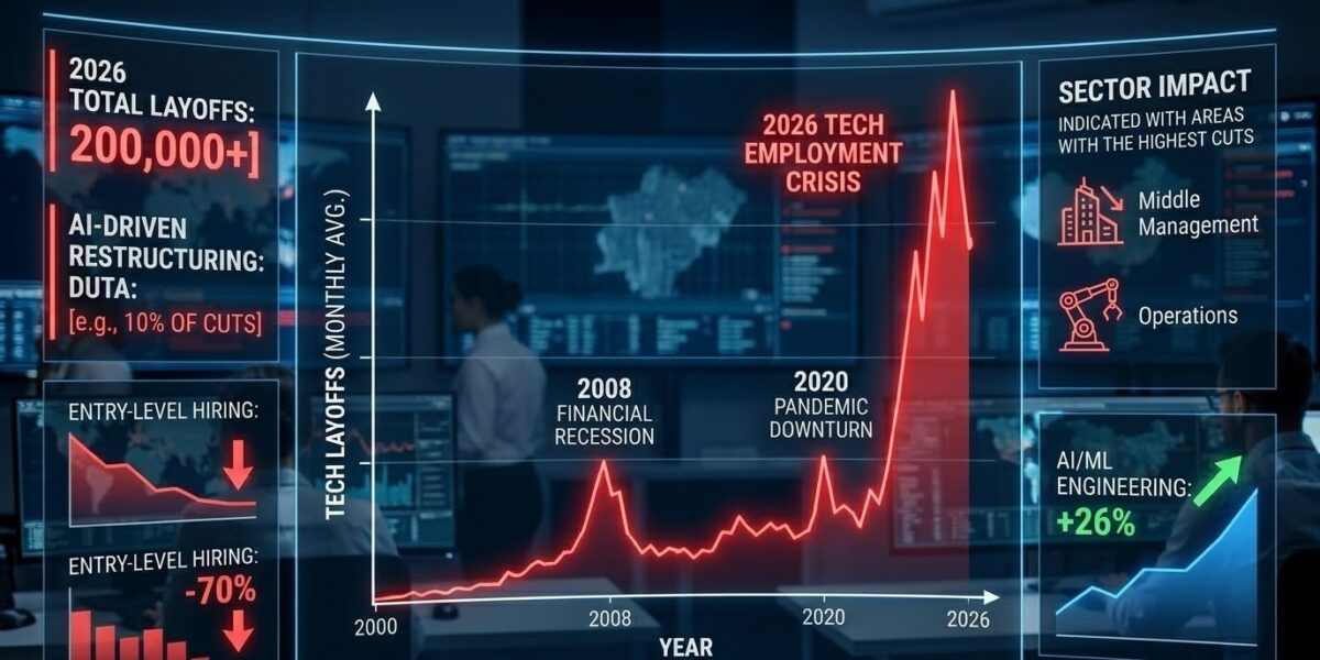 A futuristic infographic in a command center comparing tech layoffs from 2008, 2020, and the massive 2026 tech employment crisis spike.