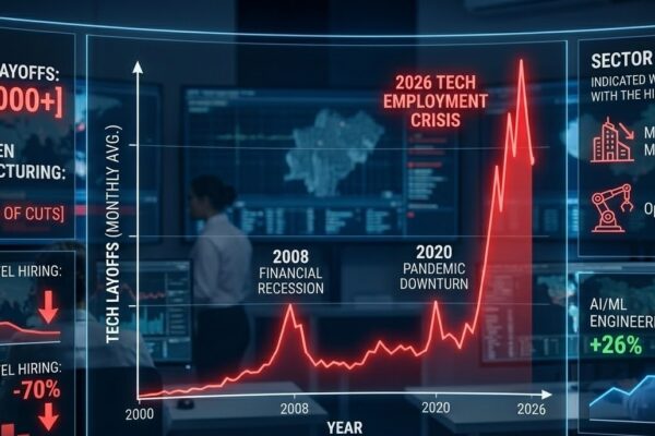 A futuristic infographic in a command center comparing tech layoffs from 2008, 2020, and the massive 2026 tech employment crisis spike.