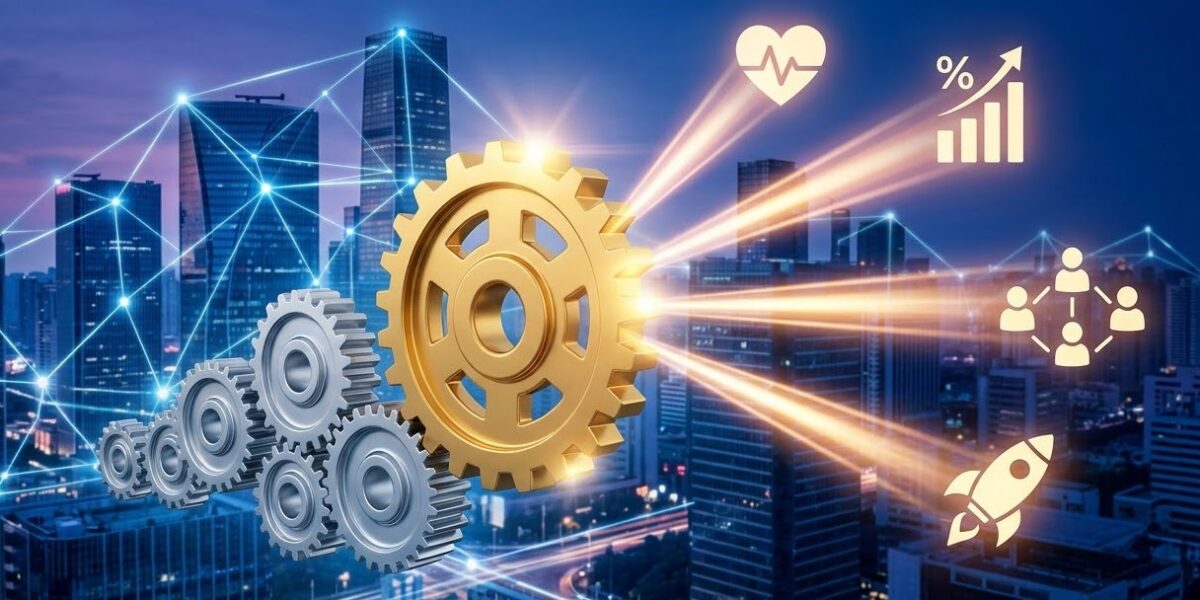 A conceptual digital illustration showing a golden gear emitting light toward icons of growth, community, and health over a futuristic city skyline, representing tech success strategies