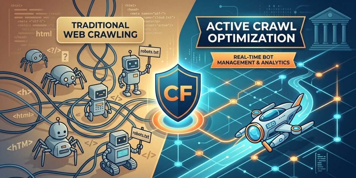 This illustration uses a splitscreen composition to visually contrast "Traditional Web Crawling" with "Cloudflare Crawl Endpoint Optimization."