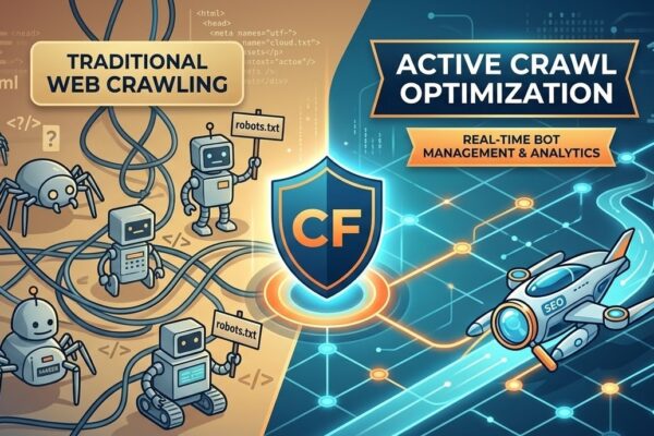 This illustration uses a splitscreen composition to visually contrast "Traditional Web Crawling" with "Cloudflare Crawl Endpoint Optimization."