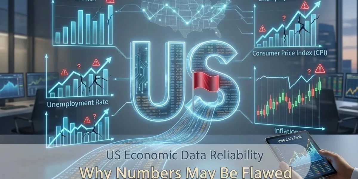 A high-tech financial dashboard displaying volatile US economic data charts with warning icons and cracks, illustrating data reliability risks.