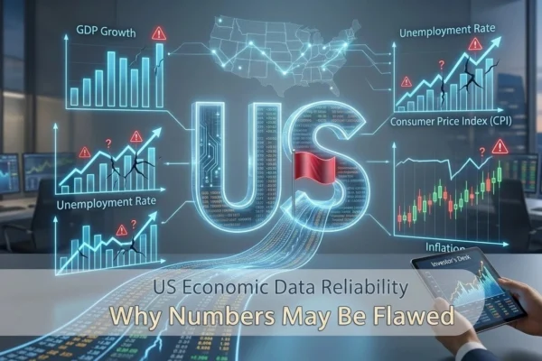 A high-tech financial dashboard displaying volatile US economic data charts with warning icons and cracks, illustrating data reliability risks.