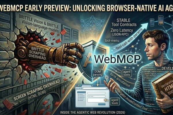 A technical infographic titled 'THE WEBMCP AUDIT: UNLOCKING AGENTIC SECRETS' showing the internal mechanics of the protocol.